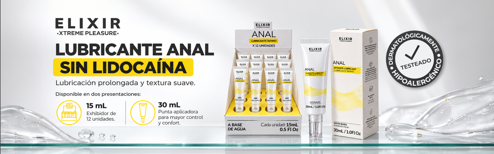 Lubricante Anal Elixir sin lidocaína disponible en 15 ml y 30 ml